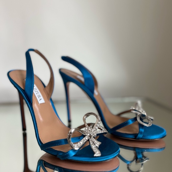 New AQUAZZURA Babe 105 Bow-embellished Sandals In Satin In Blue $1,050 37.5 - Picture 8 of 11